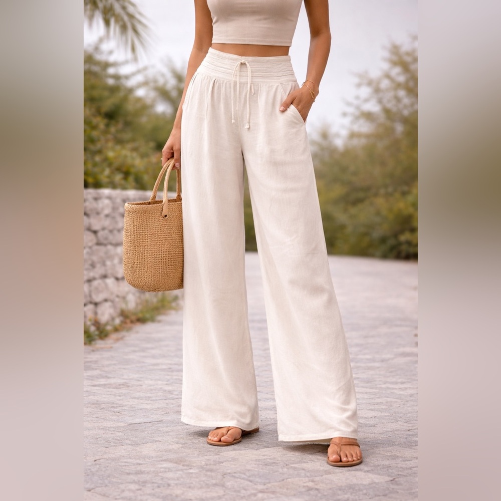 Sunrise Creations Ivory Wide-Leg Pants – Elastic Back Waist – Free Size (S/M)